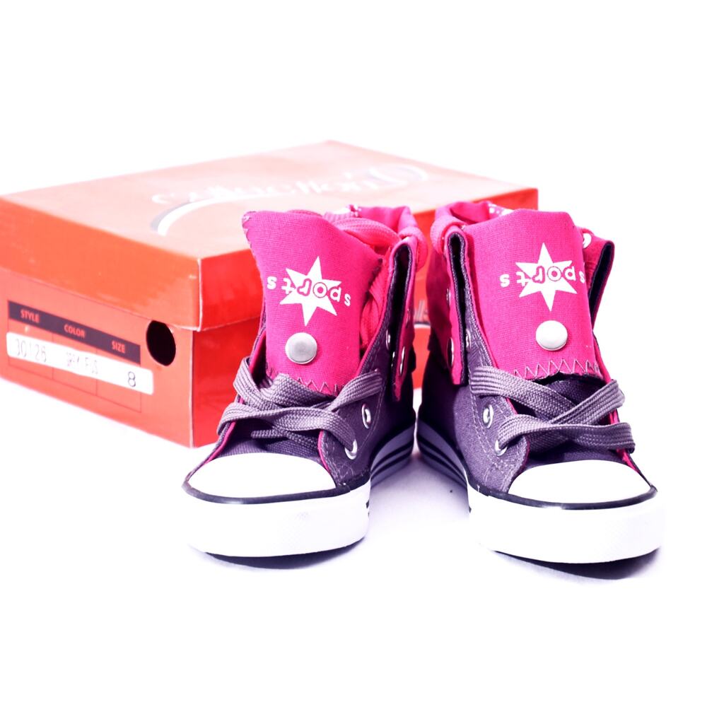 SPOCS Kids High Top Sneakers Size 8 Grey Fuchsia Pink Lace Up Shoes w/ Box